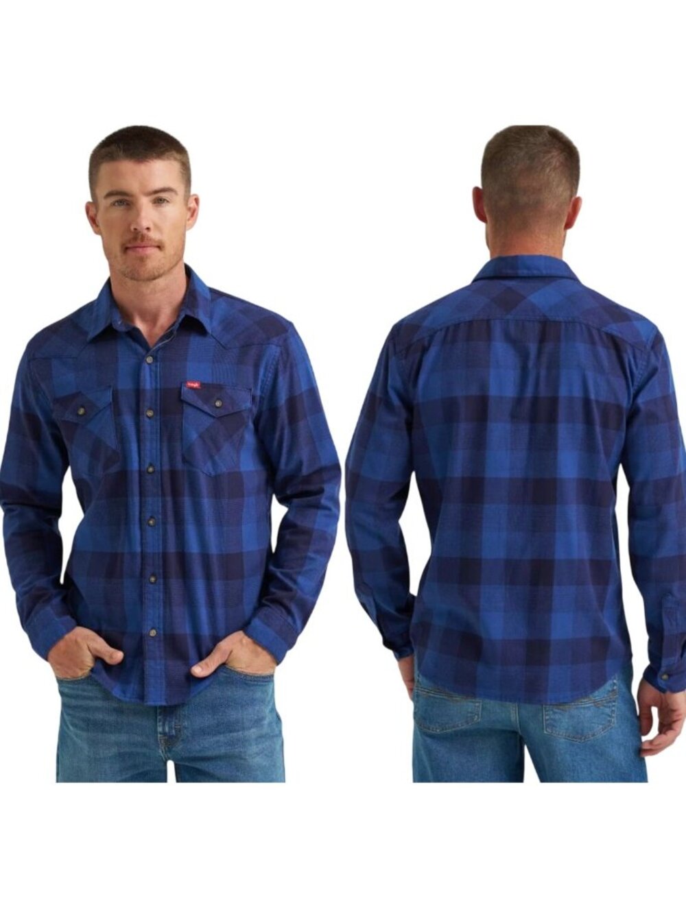 Wrangler Men's Slim Fit Blue Indigo Buffalo Plaid Broken Twill Shirt Size XL